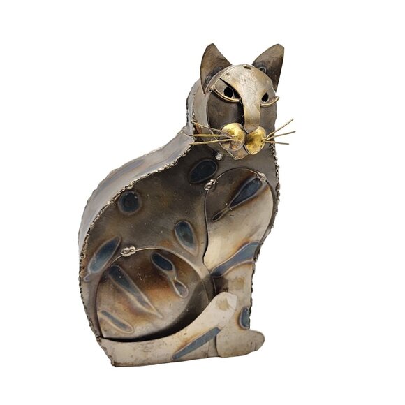 Vintage Handcrafted Metal Cat Sculpture Rare Art Piece Home‎ Decor 10in Tall - Picture 10 of 16